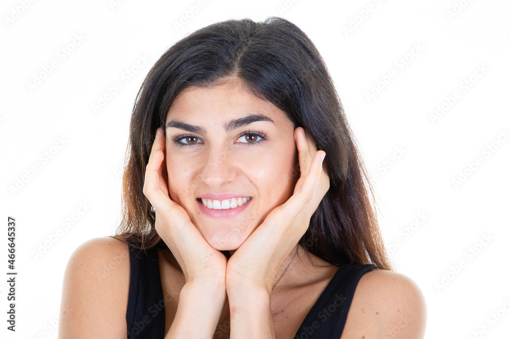 pretty woman hand fingers on chin cheeks isolated in white background pretty woman hand fingers on chin cheeks isolated in white background