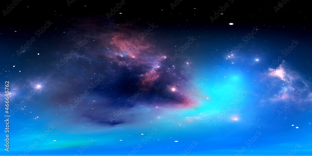 360 degree equirectangular projection space background with nebula and stars, environment map. HDRI spherical panorama