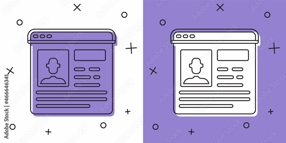 Set Resume icon isolated on white and purple background. CV application. Searching professional staff. Analyzing personnel resume. Vector Set Resume icon isolated on white and purple background. CV application. Searching professional staff. Analyzing personnel resume. Vector