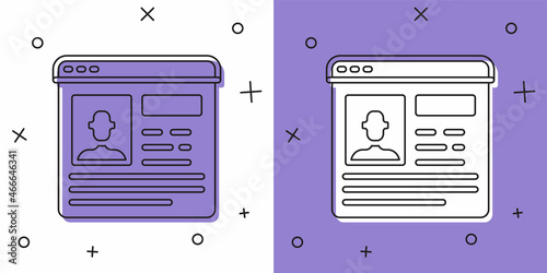 Set Resume icon isolated on white and purple background. CV application. Searching professional staff. Analyzing personnel resume. Vector
