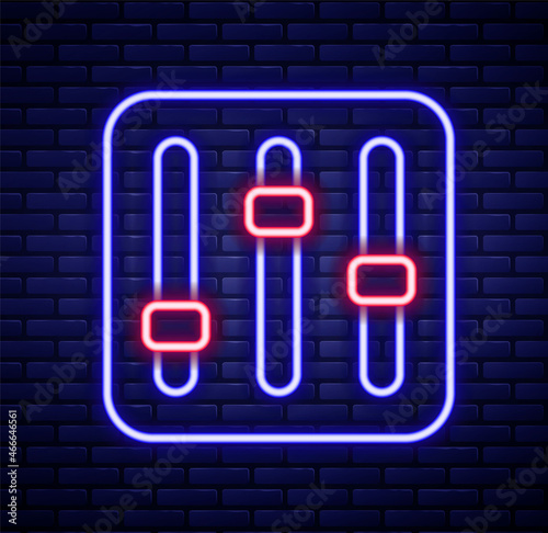 Glowing neon line Sound mixer controller icon isolated on brick wall background. Dj equipment slider buttons. Mixing console. Colorful outline concept. Vector