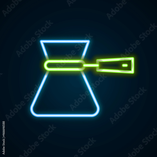 Glowing neon line Coffee turk icon isolated on black background. Coffee cezve. Colorful outline concept. Vector