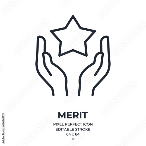 Human hands holding a star. Core values or merit concept editable stroke outline icon isolated on white background flat vector illustration. Pixel perfect. 64 x 64.