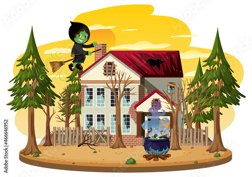 Witch riding a broom in front of haunted house in the woods