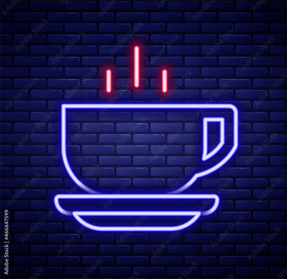 Glowing neon line Coffee cup icon isolated on brick wall background. Tea cup. Hot drink coffee. Colorful outline concept. Vector Glowing neon line Coffee cup icon isolated on brick wall background. Tea cup. Hot drink coffee. Colorful outline concept. Vector