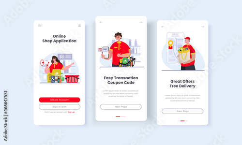 Online shop supermarket application illustration on onboard screen template