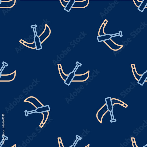 Line Gondola boat italy venice icon isolated seamless pattern on blue background. Tourism rowing transport romantic. Vector