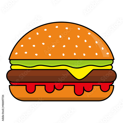 Hamburger with cheese and sesame seeds isolated on white background. Vector sticker icon.