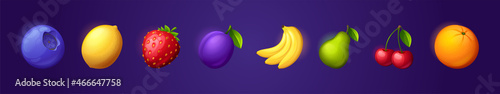 Fruit game icons for casino slot machine, gambling, lotteries or mobile puzzle ui elements. Plum, bananas or cherry, blueberry, pear and orange with lemon and strawberry bonus 3d vector cartoon set
