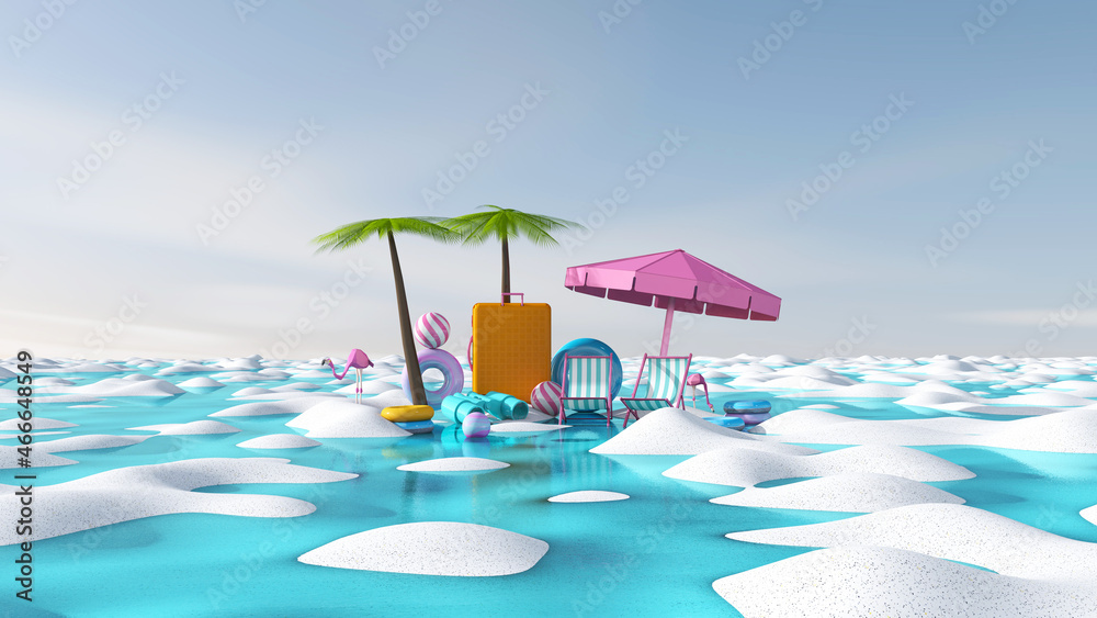 Summer with water play equipment placed on the beach. summer time. 3D illustration, 3D rendering	
