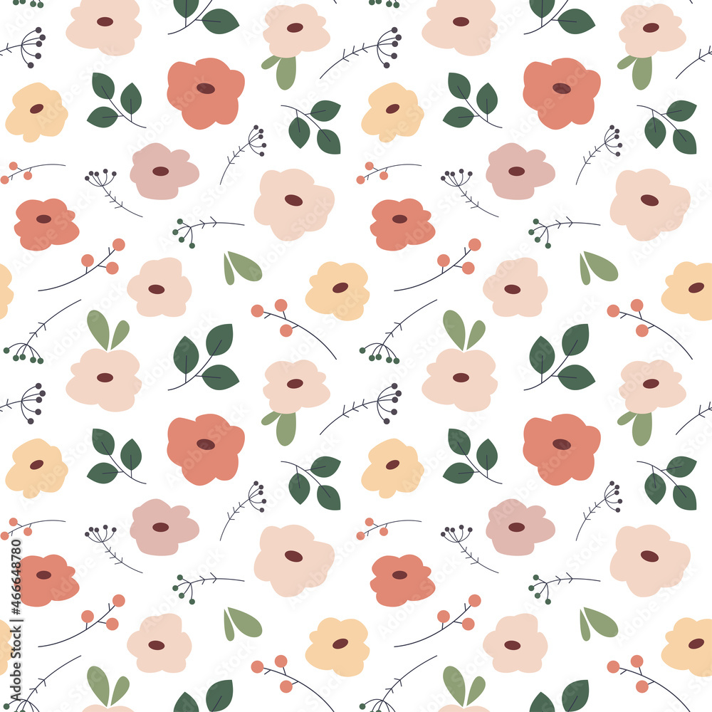 Vector seamless pattern with flowers, branches and leaves. Floral cartoon wallpaper.  Texture for textile or wrapping paper.