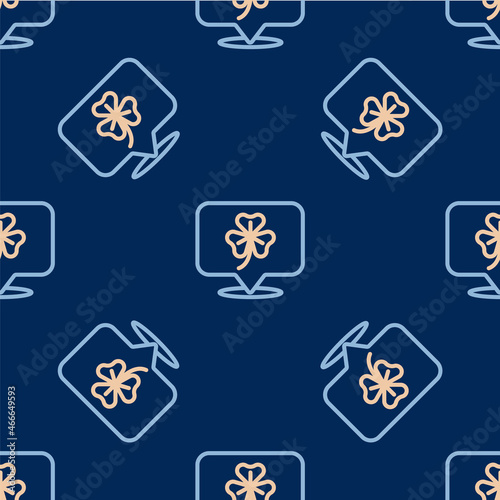 Line Clover trefoil leaf icon isolated seamless pattern on blue background. Happy Saint Patricks day. National Irish holiday. Vector