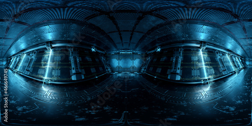 Fototapeta Naklejka Na Ścianę i Meble -  HDRI panoramic view of dark blue spaceship interior. High resolution 360 degrees panorama reflection mapping of a futuristic spacecraft 3D rendering