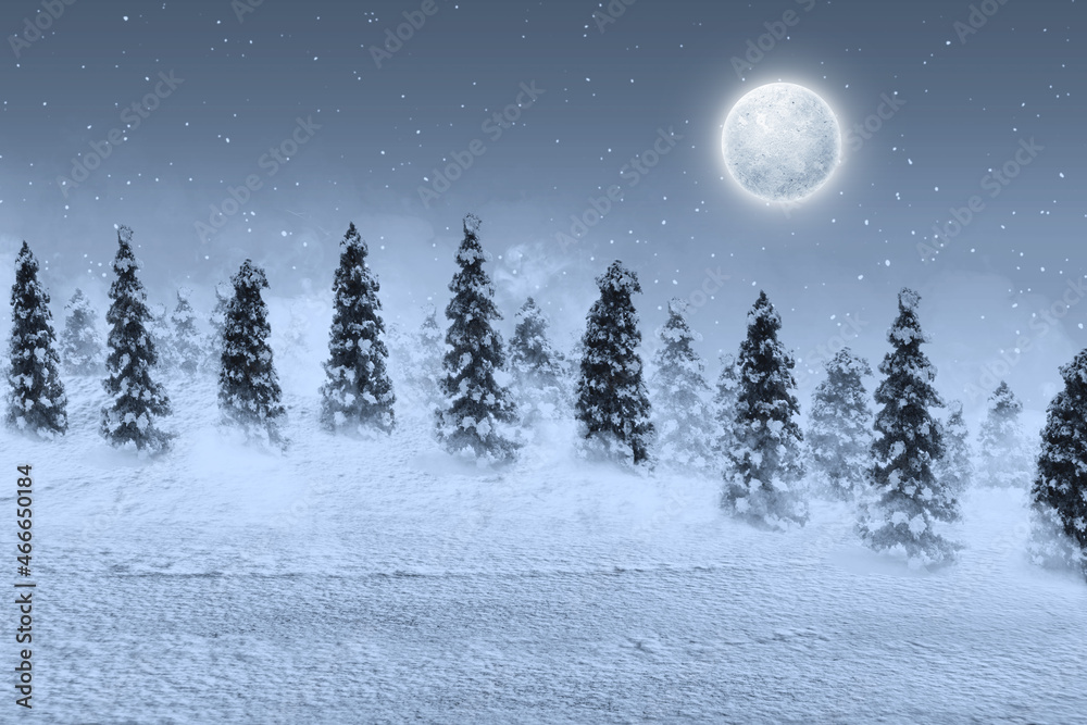 Snowy fir trees with snowfall and full moon