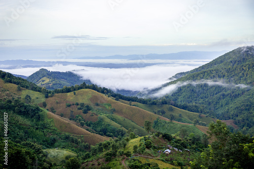 Landscape of Doi Sakad mountain valley in Pua, Nan Province, Thailand during rainy season. Photo from aerial view by drone