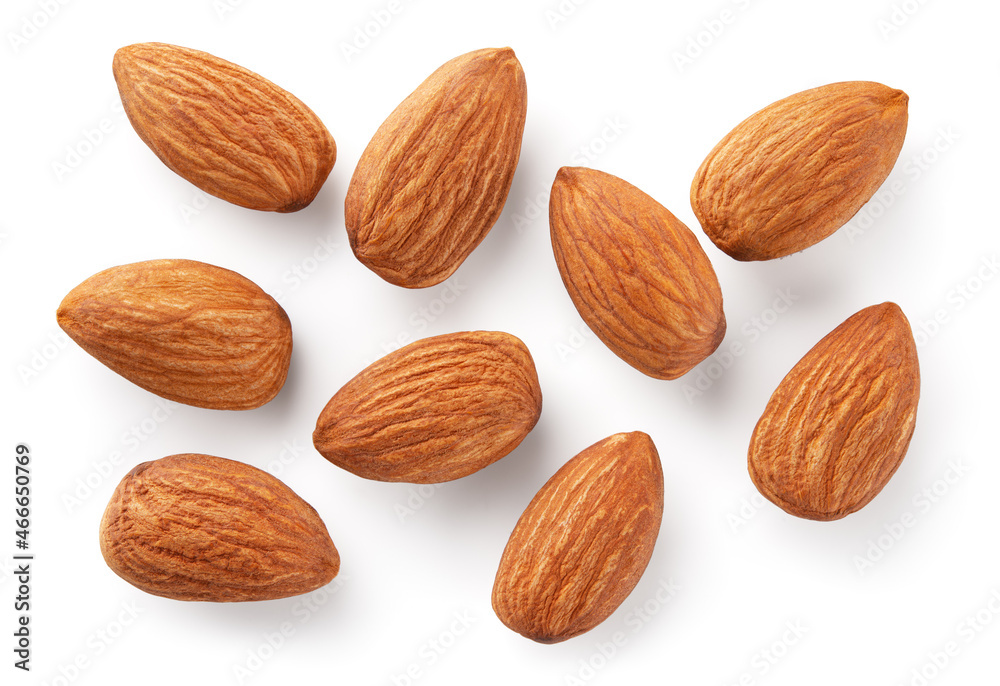 Almonds isolated. Almond set on white background. Almond background top view. Full depth of field. Almonds isolated. Almond set on white background. Almond background top view. Full depth of field.