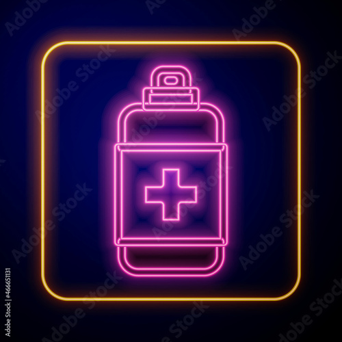 Glowing neon Bottle of liquid antibacterial soap with dispenser icon isolated on black background. Antiseptic. Disinfection, hygiene, skin care. Vector