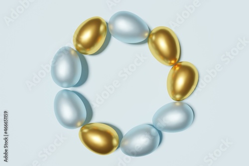 3d render of blue and gold easter egg wreath on a sky blue background
