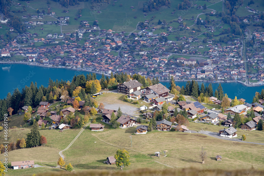 Aerial view from Axalp at Bernese Highlands to lake Brienz on a cloudy autumn day. Photo taken October 19th, 2021, Brienz, Switzerland.