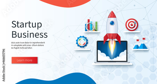Start up project concept. Laptop with launching rocket on screen. Teamwork, seo, target, milestones icons. Web vector illustration in 3D style