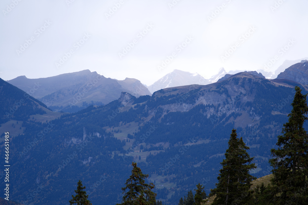 Mountain panorama seen from Axalp at Bernese Highlands on a grey cloudy autumn day. Photo taken October 19th, 2021, Brienz, Switzerland. Mountain panorama seen from Axalp at Bernese Highlands on a grey cloudy autumn day. Photo taken October 19th, 2021, Brienz, Switzerland.