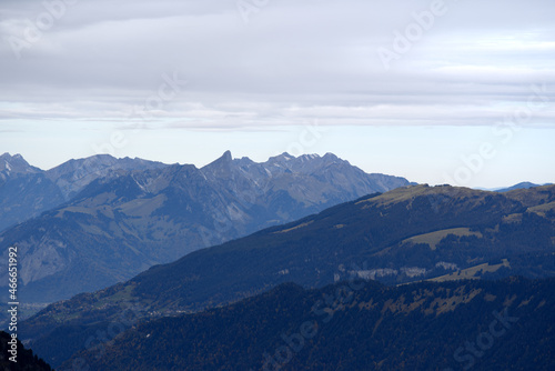 Mountain panorama seen from Axalp at Bernese Highlands on a grey cloudy autumn day. Photo taken October 19th, 2021, Brienz, Switzerland. © Michael Derrer Fuchs