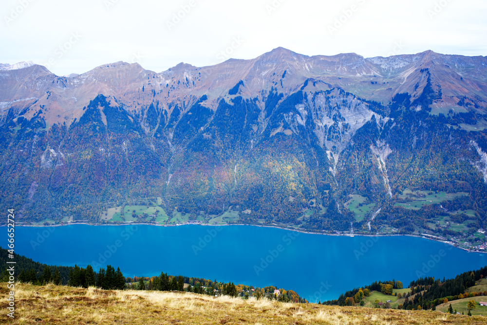 Aerial view from Axalp at Bernese Highlands to lake Brienz on a cloudy autumn day. Photo taken October 19th, 2021, Brienz, Switzerland.