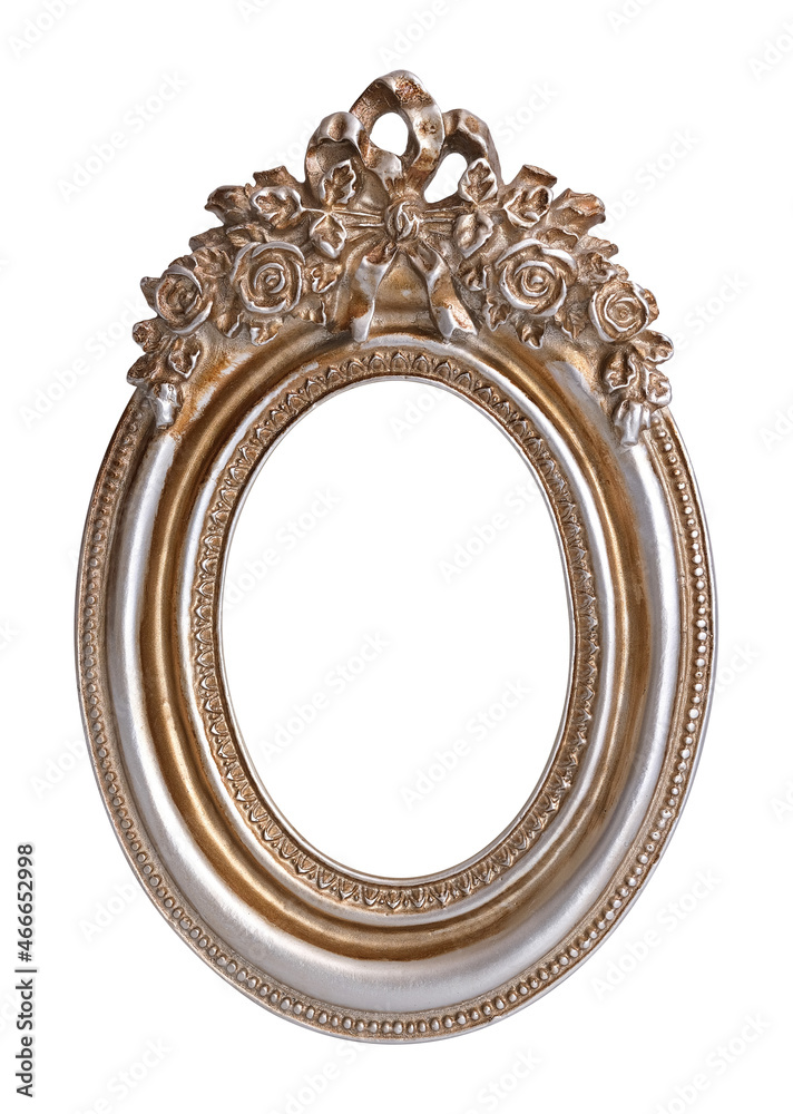 Silver oval frame for paintings, mirrors or photo isolated on white background. Design element with clipping path Silver oval frame for paintings, mirrors or photo isolated on white background. Design element with clipping path