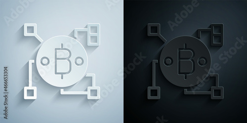 Paper cut Blockchain technology Bitcoin icon isolated on grey and black background. Abstract geometric block chain network technology business. Paper art style. Vector