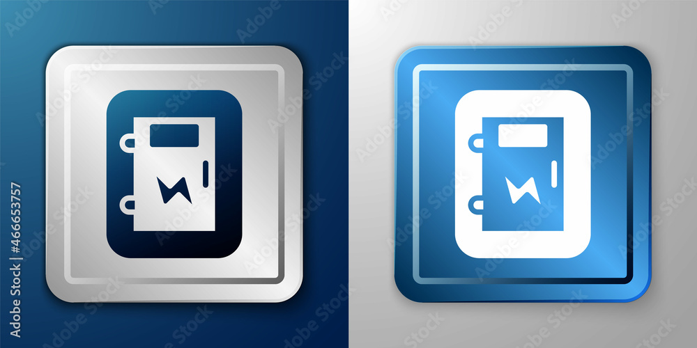 White Electrical panel icon isolated on blue and grey background. Silver and blue square button. Vector White Electrical panel icon isolated on blue and grey background. Silver and blue square button. Vector