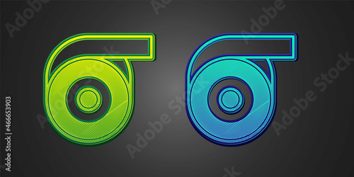 Green and blue Scotch tape icon isolated on black background. Roll adhesive tape. Insulating tape. Vector