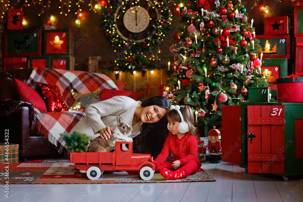 A woman and a girl celebrate the new year with a rabbit. Mother and daughter play with a pet in a room decorated for Christmas.