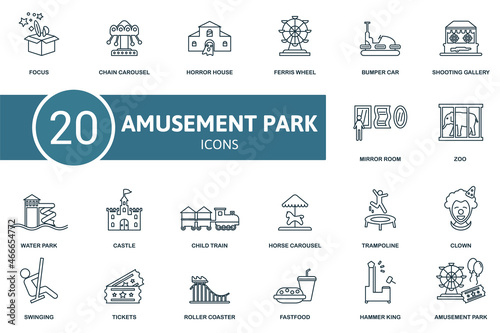 Amusement Park icon set. Collection of simple elements such as the focus, chain carousel, horror house, zoo, water park, child train, ferris wheel.