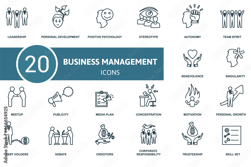 Business Management icon set. Collection of simple elements such as the leadership, personal development, positive psychology, singularity, meetup, media plan, stereotype.