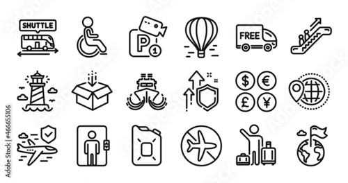 World travel, Elevator and Ship line icons set. Secure shield and Money currency exchange. Shuttle bus, Disabled and Flight mode icons. Escalator, Get box and Lighthouse signs. Vector