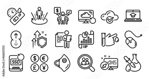 Search employees, Augmented reality and Recovery cloud line icons set. Secure shield and Money currency exchange. Covid test, Recovery ssd and Medical mask icons. Vector