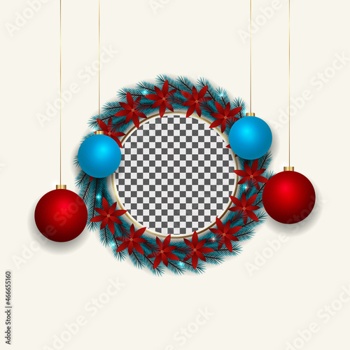 Realistic christmas photo frame with christmas leaf red flowers sky blue and red ball with golden round photo freme lights photo