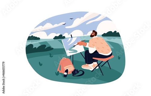 Painter drawing with canvas on easel in nature. Artist painting landscape picture of field and sky outdoors in summer. Man at plein air. Colored flat vector illustration isolated on white background © Paper Trident