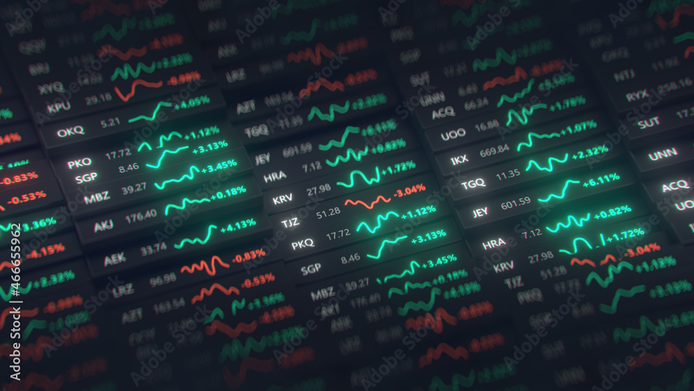 Stock market fictional tickers 3D render Stock market fictional tickers 3D render