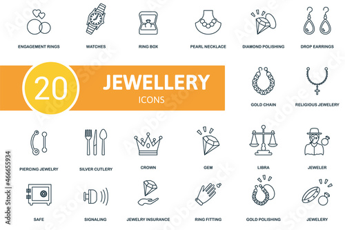 Jewellery icon set. Collection of simple elements such as the engagement rings, watches, ring box, religious jewelery, piercing jewelery, crown, pearl necklace.