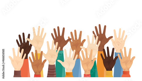 Group of multiethnic diverse hands raised in different clothes vector illustration isolated