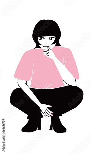 カラーTシャツでポーズをとるシンプルな女性のイラスト