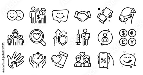 Winner cup, Heart and Yummy smile line icons set. Secure shield and Money currency exchange. Person info, Search love and Social responsibility icons. Vector