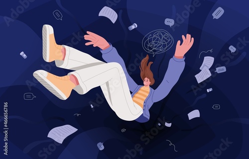 Psychology concept. Helpless person suffering from depression, mental disorder. Woman in despair, feeling hopeless, depressed and unhappy. Human with psychological problem. Flat vector illustration