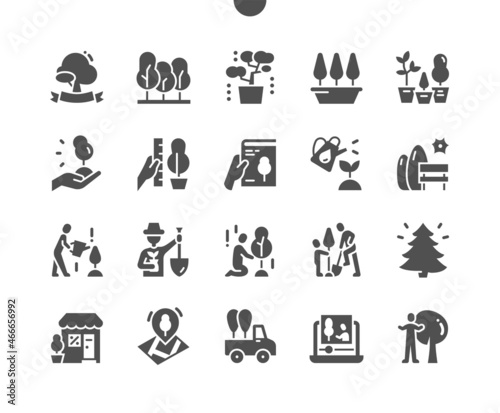 Trees. Types of seedlings. Forest and park. Watering and gardener. Book about growing trees. Protect trees. Vector Solid Icons. Simple Pictogram