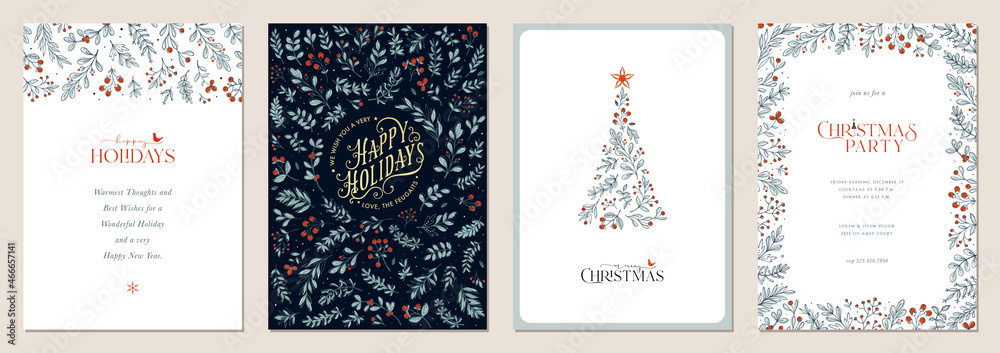 Holidays cards with Christmas Tree, birds, ornate floral frames and background. Universal artistic templates. - obrazy, fototapety, plakaty 