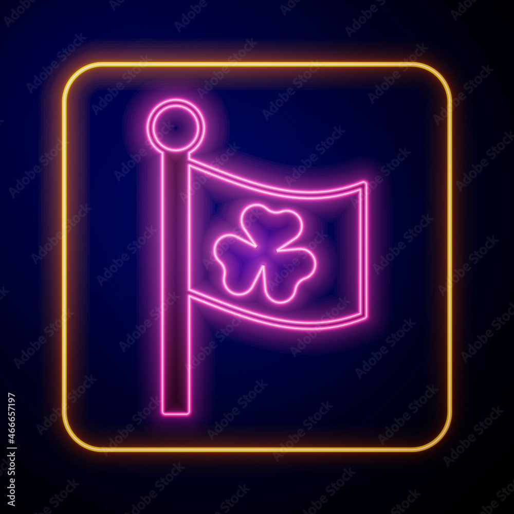 Glowing neon National Ireland flag with clover trefoil leaf icon isolated on black background. Happy Saint Patricks day. National Irish holiday. Vector Glowing neon National Ireland flag with clover trefoil leaf icon isolated on black background. Happy Saint Patricks day. National Irish holiday. Vector
