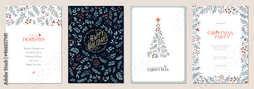 Holidays cards with Christmas Tree, birds, ornate floral frames and background. Universal artistic templates.