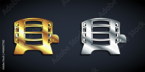 Gold and silver Wooden barrel on rack with stopcock icon isolated on black background. Long shadow style. Vector