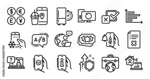 Loyalty points, Refrigerator app and Refrigerator timer line icons set. Secure shield and Money currency exchange. Ab testing, Approved app and Work home icons. Vector